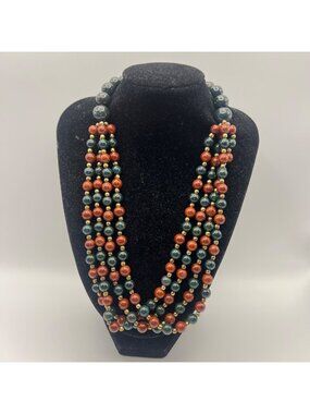 Vintage Green Bloodstone Red Jasper Multi Strand Bib Necklace 18" Boho Statement